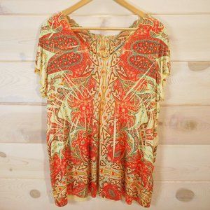 One World Womens Plus 2X V-Neck Blouse Lace Trim Top Orange Yellow